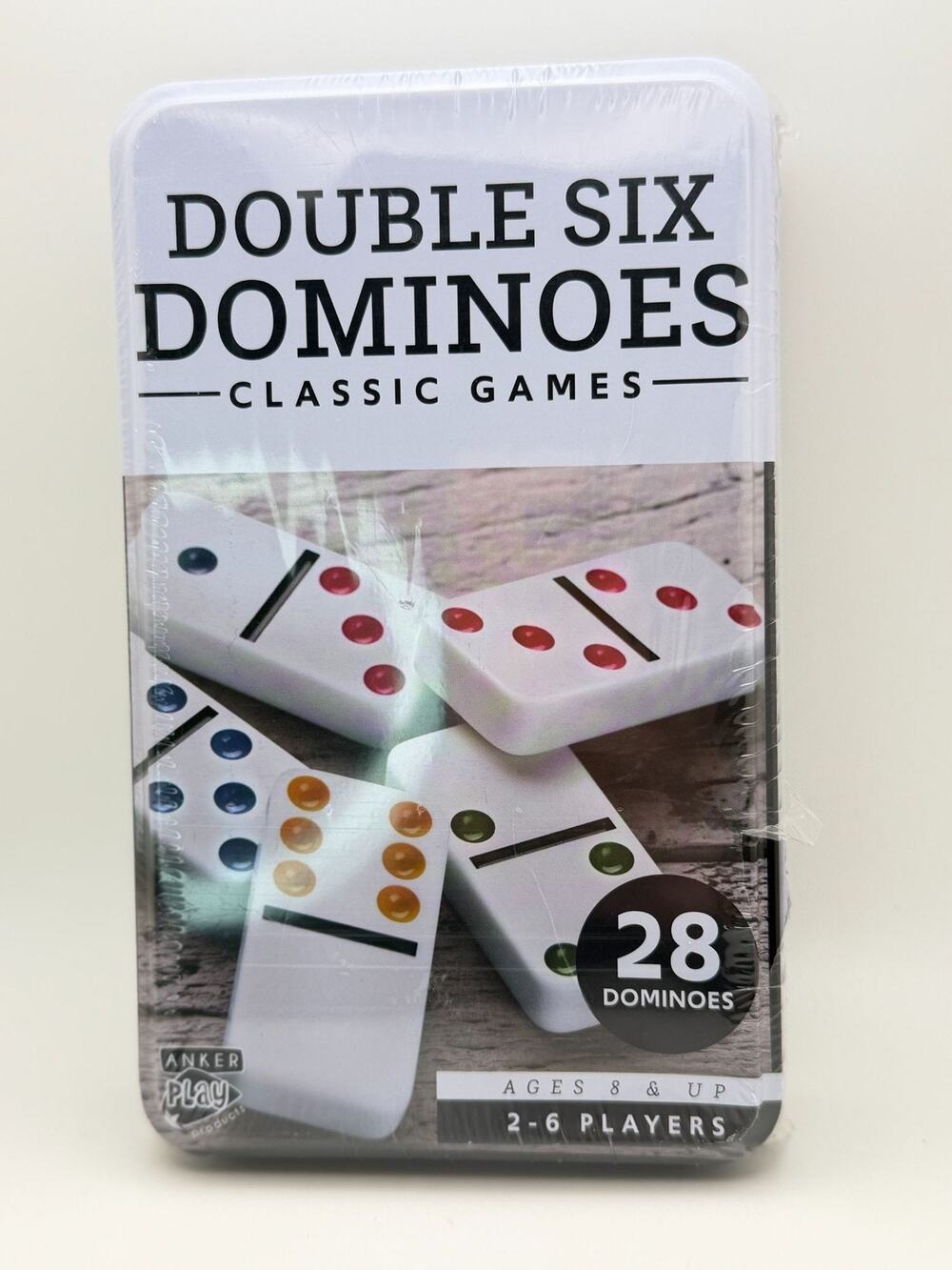 Double Six Dominoes Classic Games Tin Set With 28 Color-Dotted Ceramic Tiles For